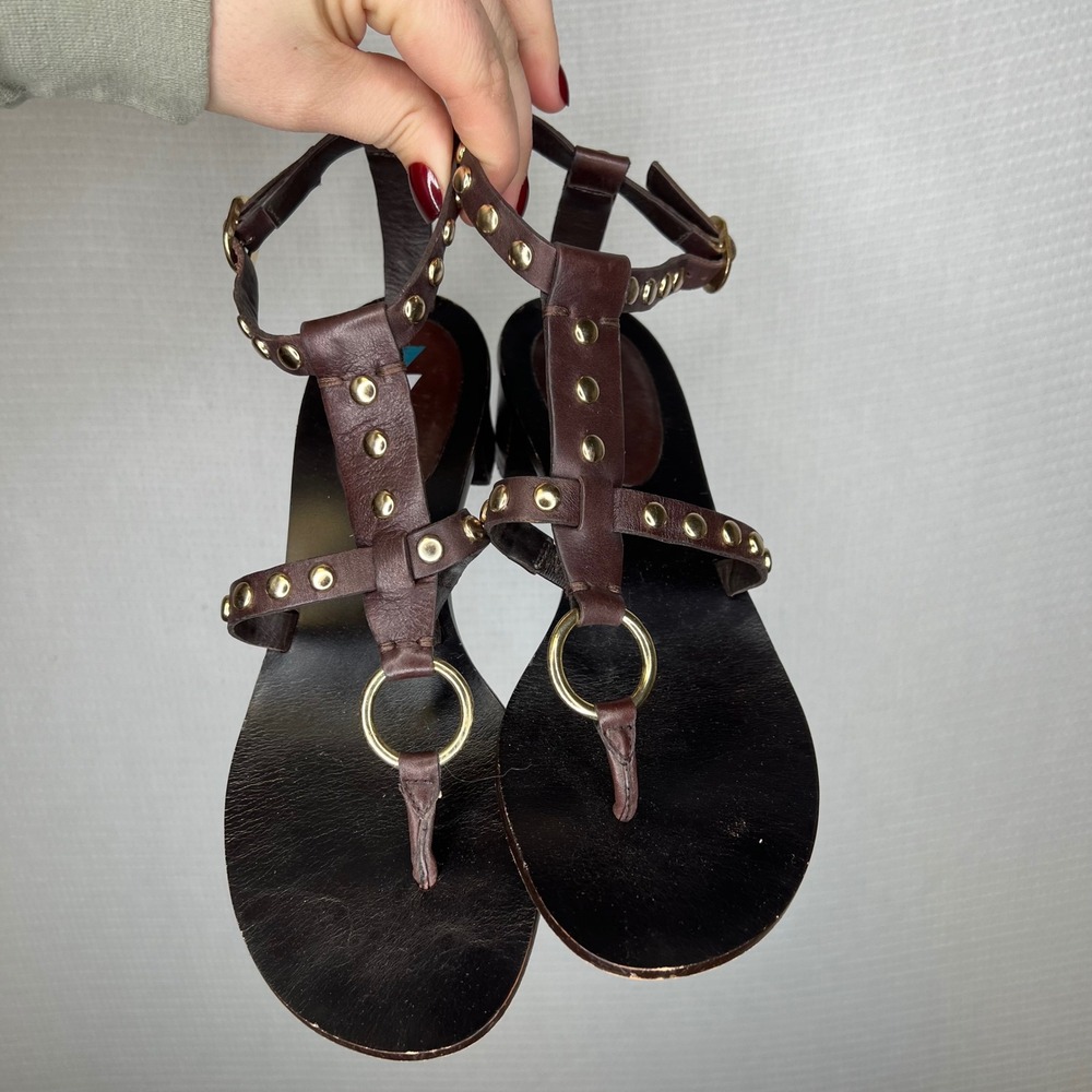 DaniBlack Vintage Y2K Women's Brown‎ Studded Gladiator Thong Sandals Heels 8M